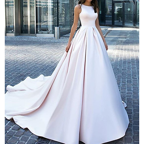 

A-Line Jewel Neck Sweep / Brush Train Satin Sleeveless Country Plus Size Wedding Dresses with Lace Insert / Side-Draped 2020