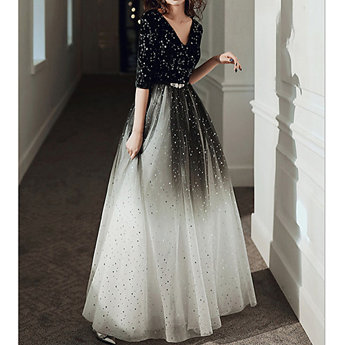 

A-Line V Neck Floor Length Tulle Color Block / Elegant Wedding Guest / Prom Dress with Pleats / Sequin 2020