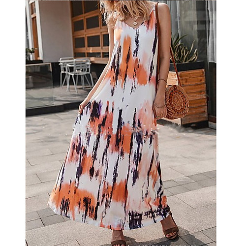 

Women's Brown Dress Maxi Dress Spring Holiday Home A Line Tunic Print Tie Dye Strap S M