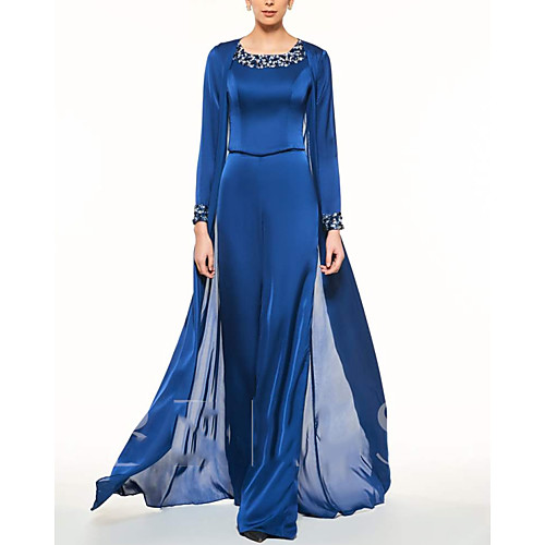 

Pantsuit / Jumpsuit Jewel Neck Floor Length Chiffon / Lace Long Sleeve Elegant Mother of the Bride Dress with Pleats / Beading Mother's Day 2020