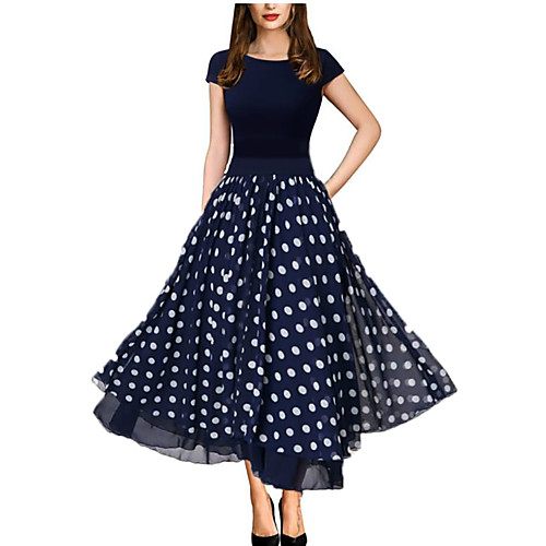

Women's Maxi Navy Blue Dress Spring Party / Evening Birthday Party Dress A Line Polka Dot M L / Work