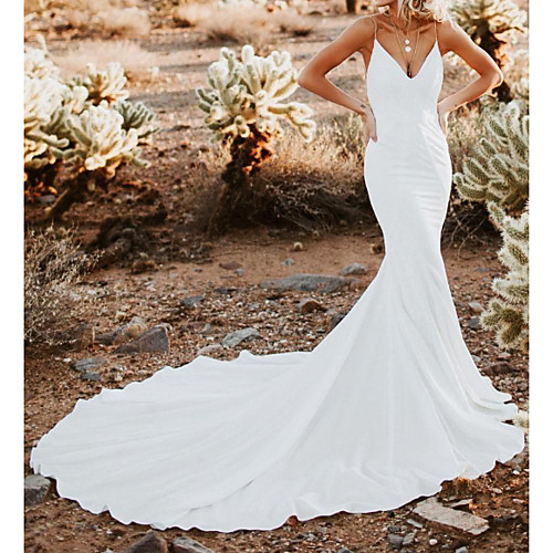 

Mermaid / Trumpet Wedding Dresses V Neck Spaghetti Strap Court Train Stretch Satin Sleeveless Country Sexy Plus Size with Lace 2020