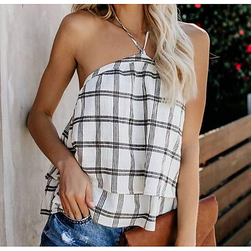 

Women's Plaid Backless Lace up Print Tank Top Daily Halter Neck Gray