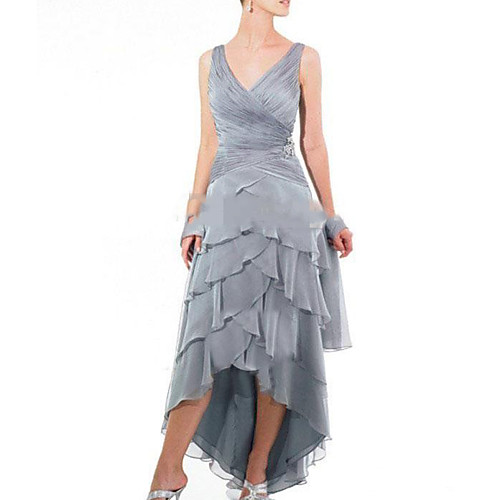 

A-Line V Neck Asymmetrical Chiffon / Satin Sleeveless Sexy Mother of the Bride Dress with Cascading Ruffles Mother's Day 2020