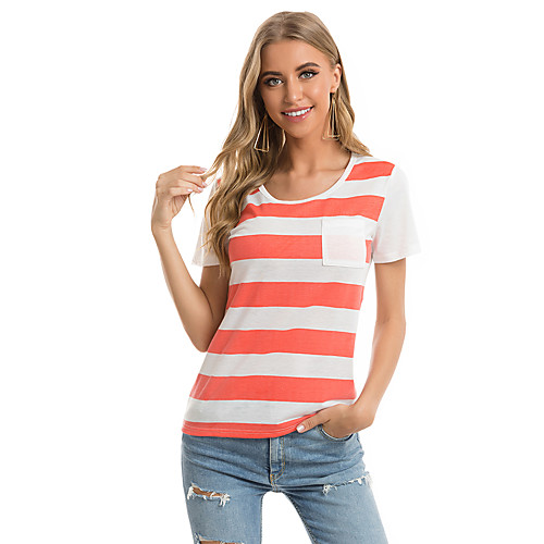 

Women's Daily Weekend Street chic T-shirt - Striped Print Red