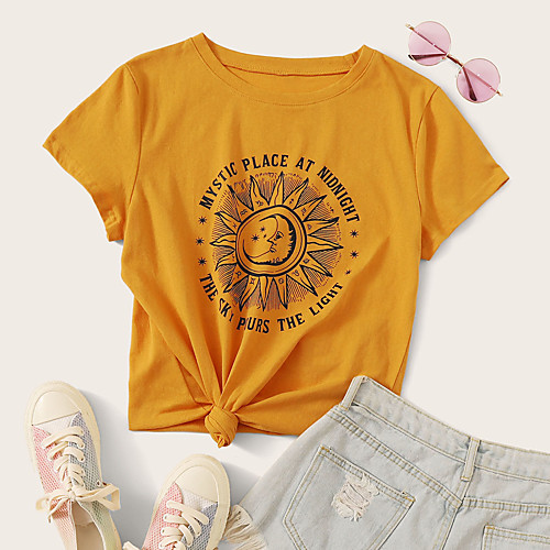 

Women's Daily Cotton T-shirt - Cartoon Print / Knotted Yellow