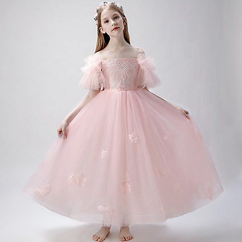 

A-Line Floor Length Party / Pageant Flower Girl Dresses - Polyester / Tulle Short Sleeve Off Shoulder with Appliques