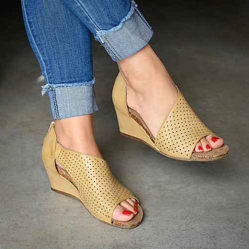 

Women's Sandals 2020 Wedge Heel Open Toe PU British / Minimalism Spring & Fall / Spring & Summer Dark Brown / Yellow / Khaki
