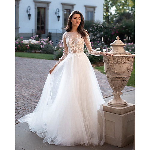 

A-Line Wedding Dresses Bateau Neck Court Train Tulle Long Sleeve Country Plus Size with Lace Embroidery Appliques 2020