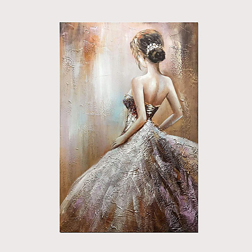 

100% Hand Painted Wedding Dress Girl's Back View Oil Painting Modern Abstract Vertical Artwork Wall Art with Frame Ready to Hang