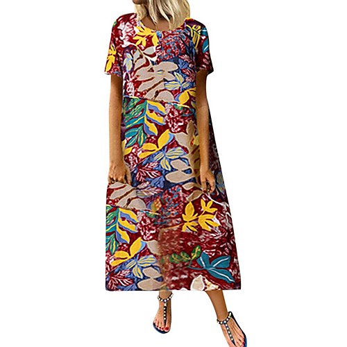 

Women's Red Brown Dress Loose Floral S M