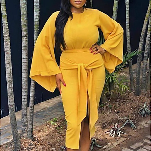 

Women's Sheath Dress - Long Sleeve Solid Color Elegant Yellow S M L XL XXL
