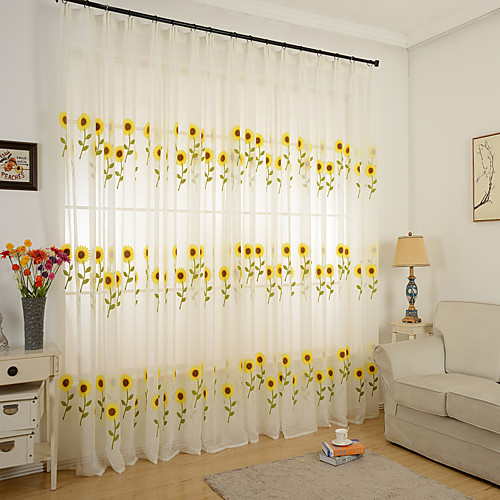 

Two Panel Korean Pastoral Style Semi-Transparent Sunflower Embroidered Gauze Living Room Bedroom Children's Room Window Screen