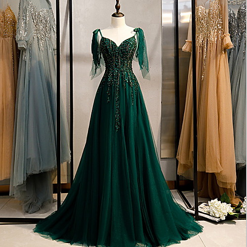 

Beading Embroidery A-Line Elegant Short Cold Shoulder Spaghetti Strap Sweep Brush Train Chiffon Engagement Formal Evening Dress