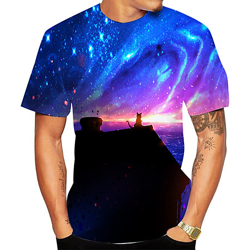 

Men's Plus Size Galaxy 3D Cat Print T-shirt Basic Daily Going out Round Neck Light Blue / Short Sleeve / Animal