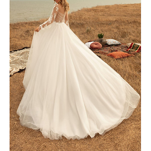 

A-Line Jewel Neck Sweep / Brush Train Tulle Long Sleeve Country Plus Size Wedding Dresses with Appliques 2020