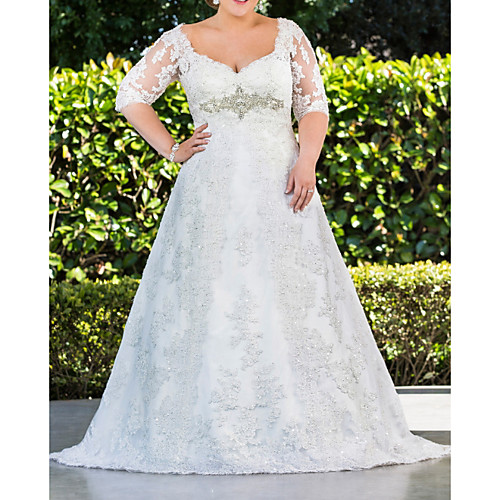 

A-Line Scoop Neck Sweep / Brush Train Lace / Tulle Half Sleeve Country Plus Size Wedding Dresses with Lace / Buttons / Embroidery 2020