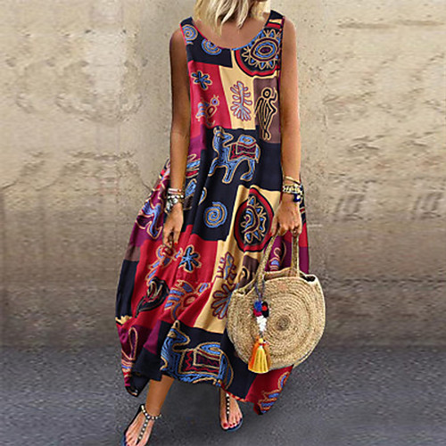 

Women's Yellow Red Dress Vintage Style Casual Daily Swing Geometric Color Block Print Basic M L