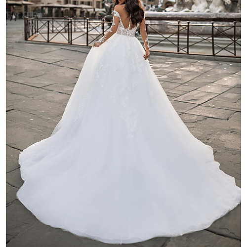

A-Line Wedding Dresses Off Shoulder Sweep / Brush Train Polyester Long Sleeve Country Sexy Plus Size with Lace Embroidery 2020
