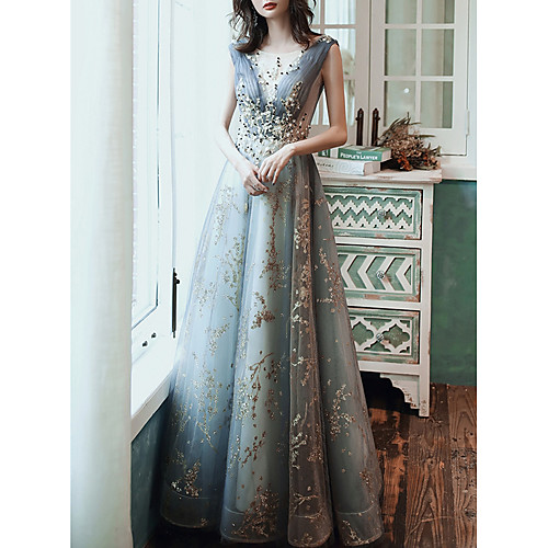 

Beading A-Line Luxurious Sleeveless Illusion Neck Floor Length Chiffon Wedding Guest Prom Dress