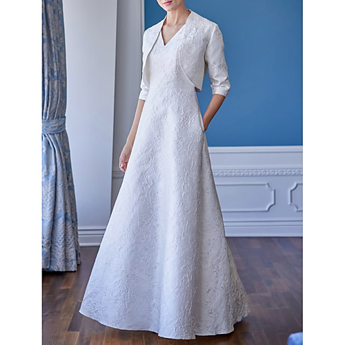 

A-Line V Neck Floor Length Polyester Half Sleeve Elegant Mother of the Bride Dress with Appliques Mother's Day 2020