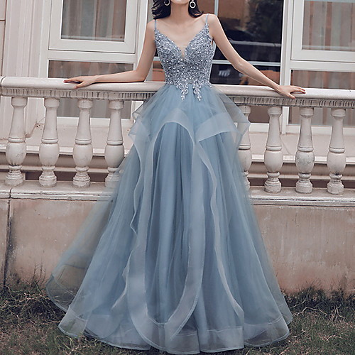 

Ball Gown Spaghetti Strap Floor Length Polyester Beautiful Back / Blue Prom / Formal Evening Dress with Pleats / Appliques 2020
