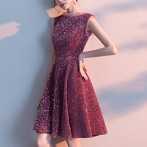 

A-Line Jewel Neck Knee Length Polyester Elegant / Glittering Homecoming / Cocktail Party Dress with Pleats / Sequin 2020