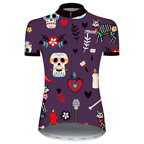 

21Grams Women's Short Sleeve Cycling Jersey Violet Novelty Skull Floral Botanical Bike Jersey Top Mountain Bike MTB Road Bike Cycling UV Resistant Breathable Quick Dry Sports Clothing Apparel