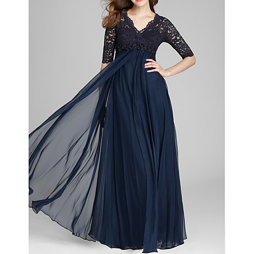 

A-Line V Neck Floor Length Chiffon / Lace Half Sleeve Elegant Mother of the Bride Dress with Lace / Pleats / Beading Mother's Day 2020
