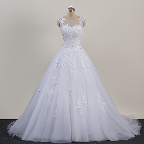 

A-Line Scoop Neck Court Train Organza Sleeveless Sexy Wedding Dress in Color Wedding Dresses with Appliques 2020