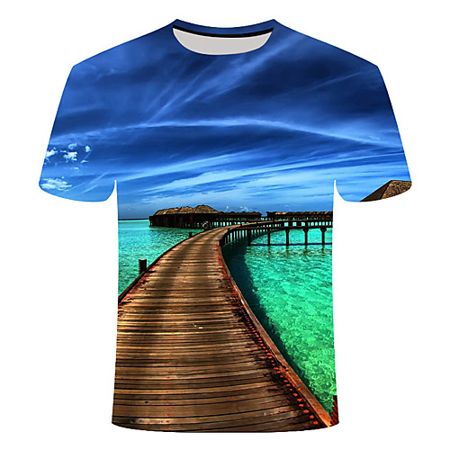 

Men's Daily Going out Basic T-shirt - 3D / Scenery Print Blue