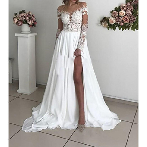 

A-Line Off Shoulder Sweep / Brush Train Chiffon / Taffeta / Stretch Satin Long Sleeve Country / Sexy Plus Size Wedding Dresses with Lace / Appliques / Split Front 2020