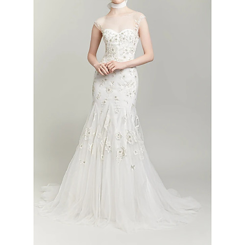 

Mermaid / Trumpet Halter Neck Sweep / Brush Train Polyester Cap Sleeve Country Plus Size Wedding Dresses with Lace / Embroidery / Appliques 2020