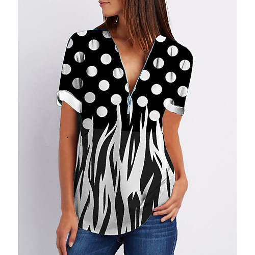 

Women's Daily T-shirt - Polka Dot Print V Neck Black