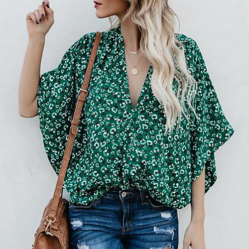 

Women's Floral Print Asymmetric T-shirt Daily V Neck Green