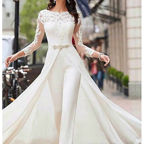 

Two Piece / Jumpsuits / A-Line Jewel Neck Court Train Polyester Long Sleeve Formal Plus Size Wedding Dresses with Lace / Sashes / Ribbons / Crystals 2020