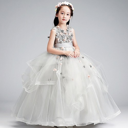 

Ball Gown Floor Length Party / Pageant Flower Girl Dresses - Polyester Sleeveless Jewel Neck with Tier / Appliques