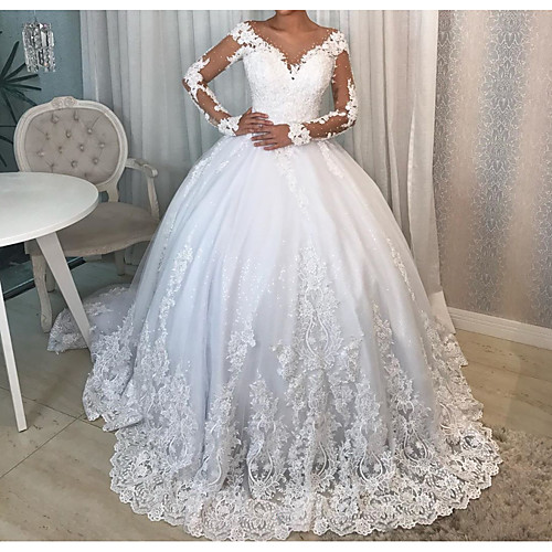 

Ball Gown V Neck Court Train Polyester Long Sleeve Country Plus Size Wedding Dresses with Lace Insert 2020
