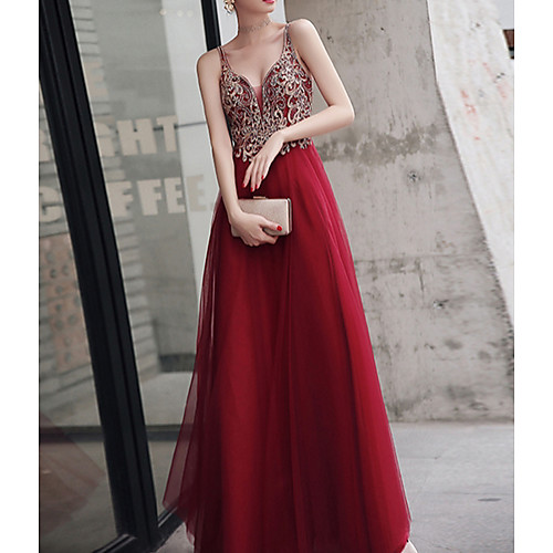 

A-Line Spaghetti Strap Floor Length Polyester Beautiful Back / Red Engagement / Formal Evening Dress with Beading / Appliques 2020