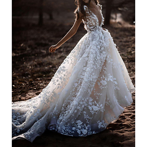

A-Line Wedding Dresses Plunging Neck Court Train Polyester Cap Sleeve Sexy Plus Size with Lace Embroidery 2020