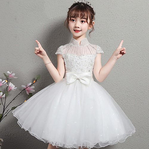 

Ball Gown Knee Length Wedding / Party Flower Girl Dresses - Polyester Cap Sleeve High Neck with Faux Pearl / Bow(s) / Paillette