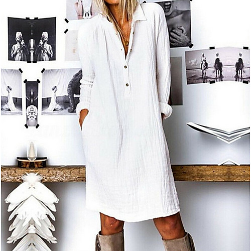 

Women's Yellow White Dress Elegant Spring Holiday Home A Line Shift Solid Color Shirt Collar S M Loose / Cotton