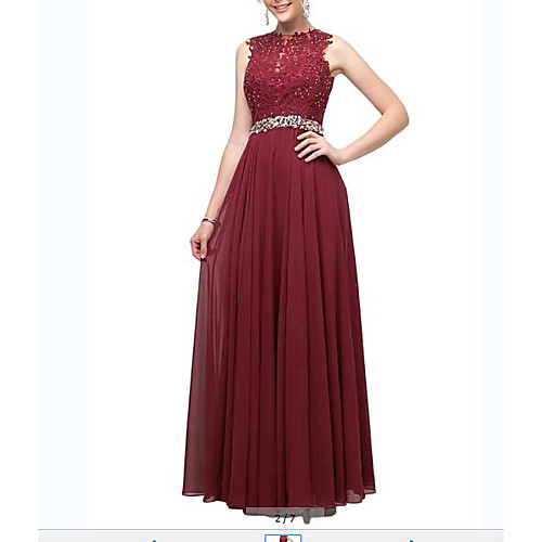 

A-Line Jewel Neck Floor Length Chiffon / Lace Minimalist / Red Party Wear / Wedding Guest Dress with Pleats / Crystals 2020