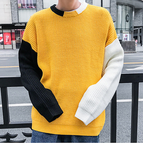 

Men's Color Block Long Sleeve Pullover Sweater Jumper, Round Neck Yellow / White / Black US32 / UK32 / EU40 / US34 / UK34 / EU42 / US36 / UK36 / EU44