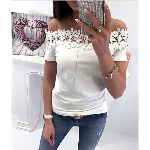 

Women's Solid Colored Patchwork Lace Trims T-shirt Daily Off Shoulder White / Black / Blushing Pink