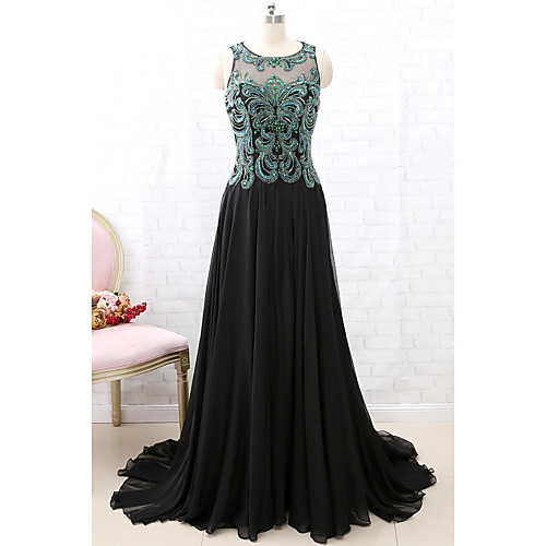 

A-Line Illusion Neck Court Train Chiffon Sparkle / Black Engagement / Formal Evening Dress with Pleats / Beading / Sequin 2020