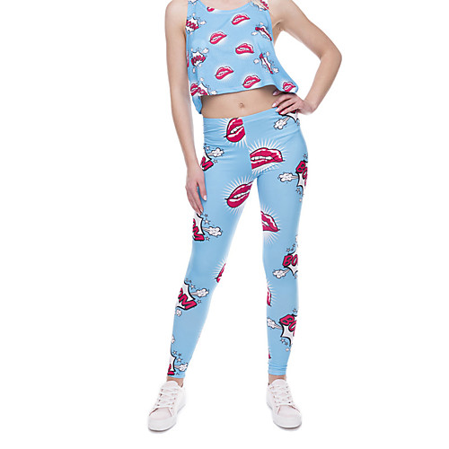 

Women's Sports / Yoga Sporty / Basic Legging - Print, Print Mid Waist Light Blue One-Size