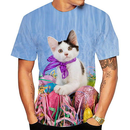 

Men's Daily Going out Basic T-shirt - Floral / 3D / Animal Cat, Print Light Blue