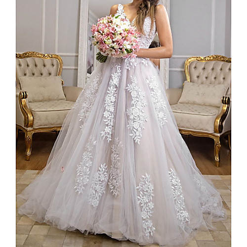 

A-Line V Neck Sweep / Brush Train Polyester / Tulle Sleeveless Country Plus Size Wedding Dresses with Embroidery / Appliques 2020