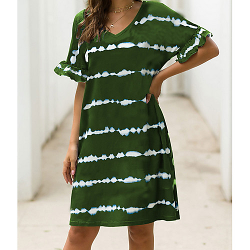 

Women's Wine Army Green Dress Elegant Holiday Home A Line Loose Shift Striped Tie Dye S M